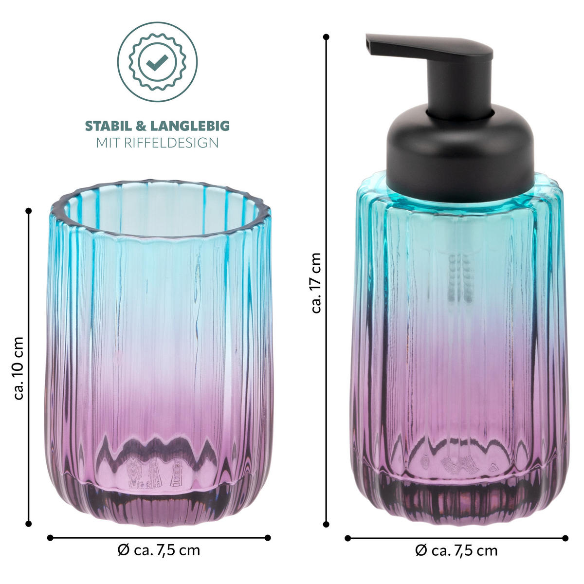BADEZIMMERSET 2TLG., Seifenspender u. Zahnputzbecher, Glas, blauviolett - Blau/Lila, Glas (8/17/8cm) - bremermann
