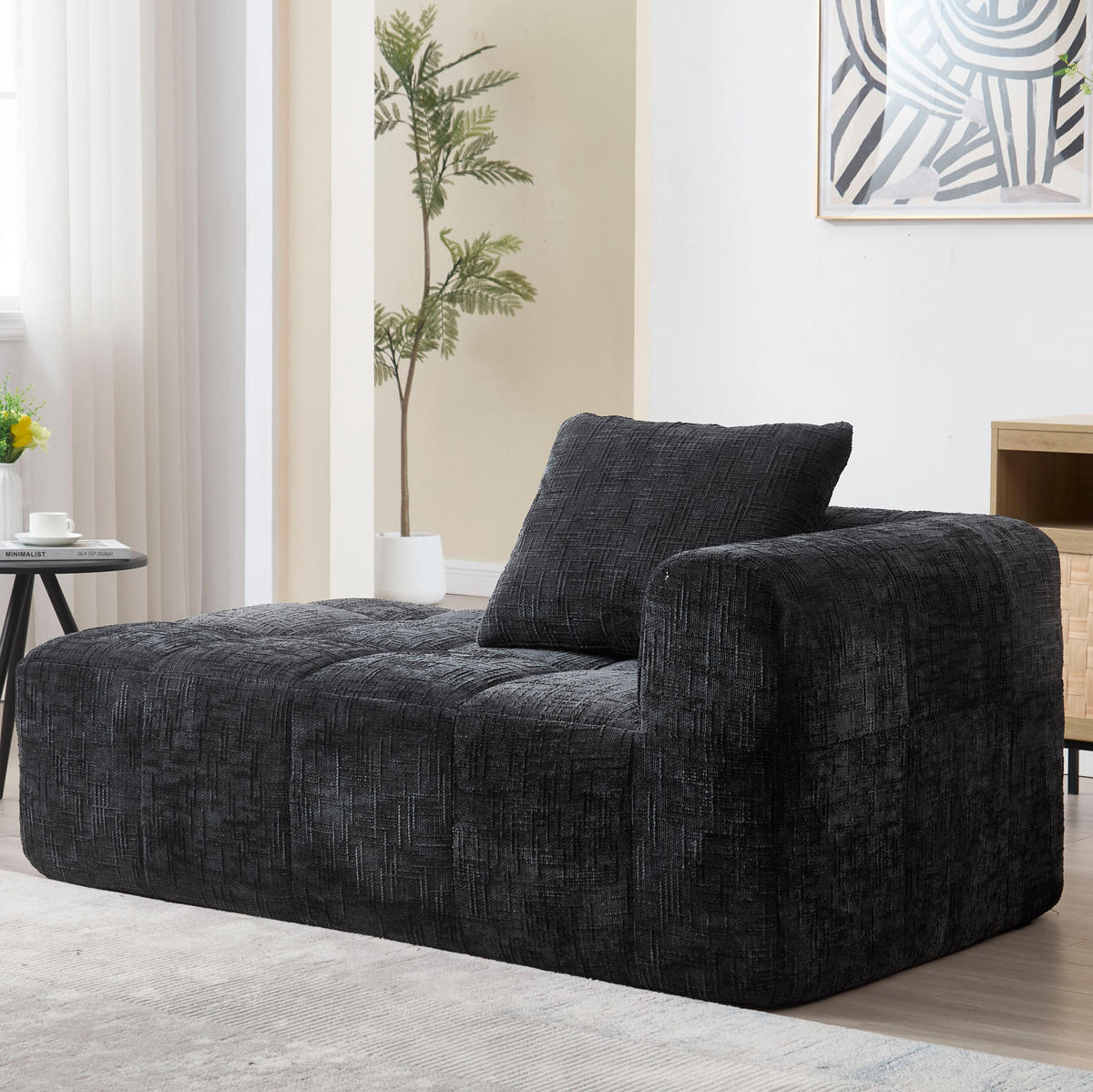 SOFA Chaiselongue 158 x 90 x 60 cm Chenille Black mit Seitentaschen - Schwarz, Kunststoff (90/60/158cm) - Meubliv