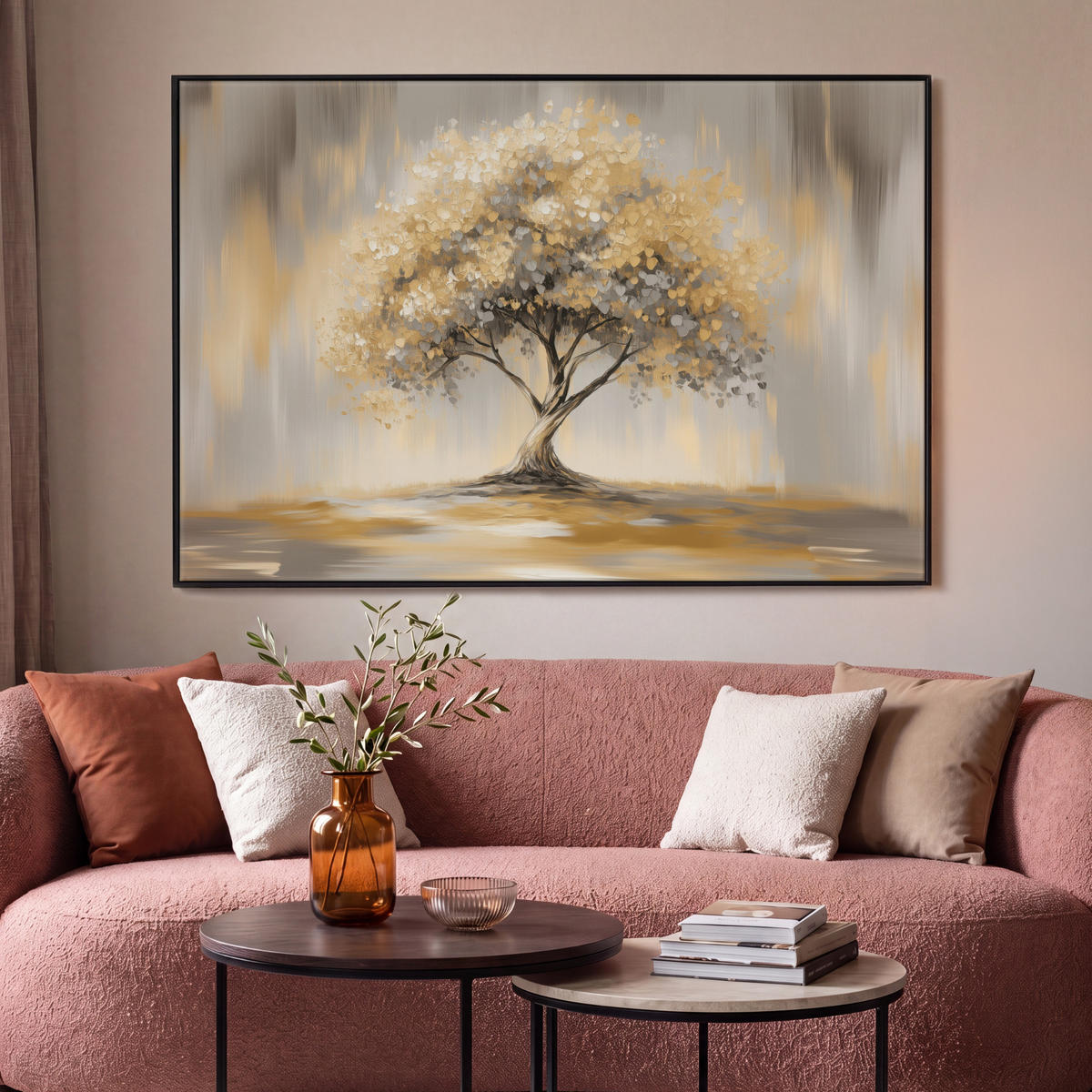 LEINWAND Bilder mit Rahmen - Gemälde - Baum - Abstrakt - Blätter - 140x90 - Beige, Textil (140/90cm) - MuchoWow