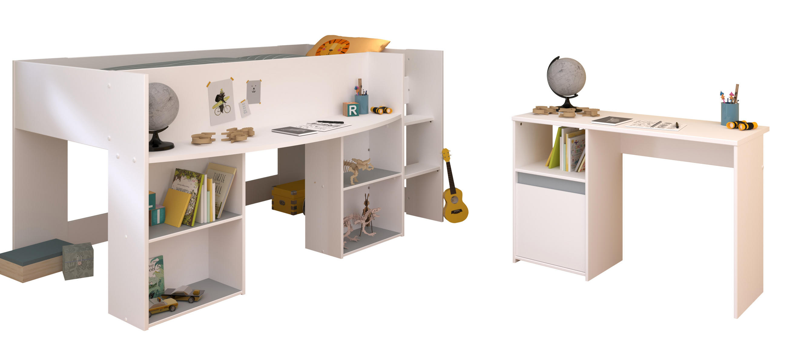 JUGENDZIMMER Pirouette 17 in Weiß mit Rosa oder Kieselgrau 2 teilig mit Hochbett - Weiß, Holzwerkstoff (120/200/80cm)