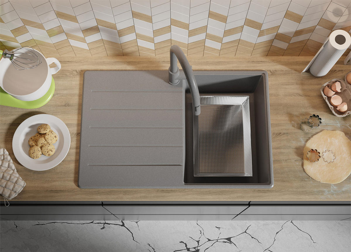 SPÜLBECKEN Kopenhagen, 2-er set Grau 78/50 cm 1 Becken + Ablauf-Set + Schneidebrett ab 45er Unterschrank - Chromfarben/Beige, Kunststoff (78/20/50cm) - Primagran