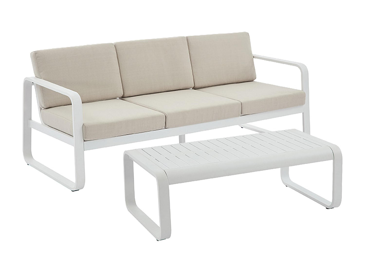 GARTENLOUNGE aus Aluminium: 1 Dreisitzer-Sofa und 1 Couchtisch – Weiß mit beigen Kissen – LOMIA von MYLIA - Beige/Weiß, Metall - Vente-Unique