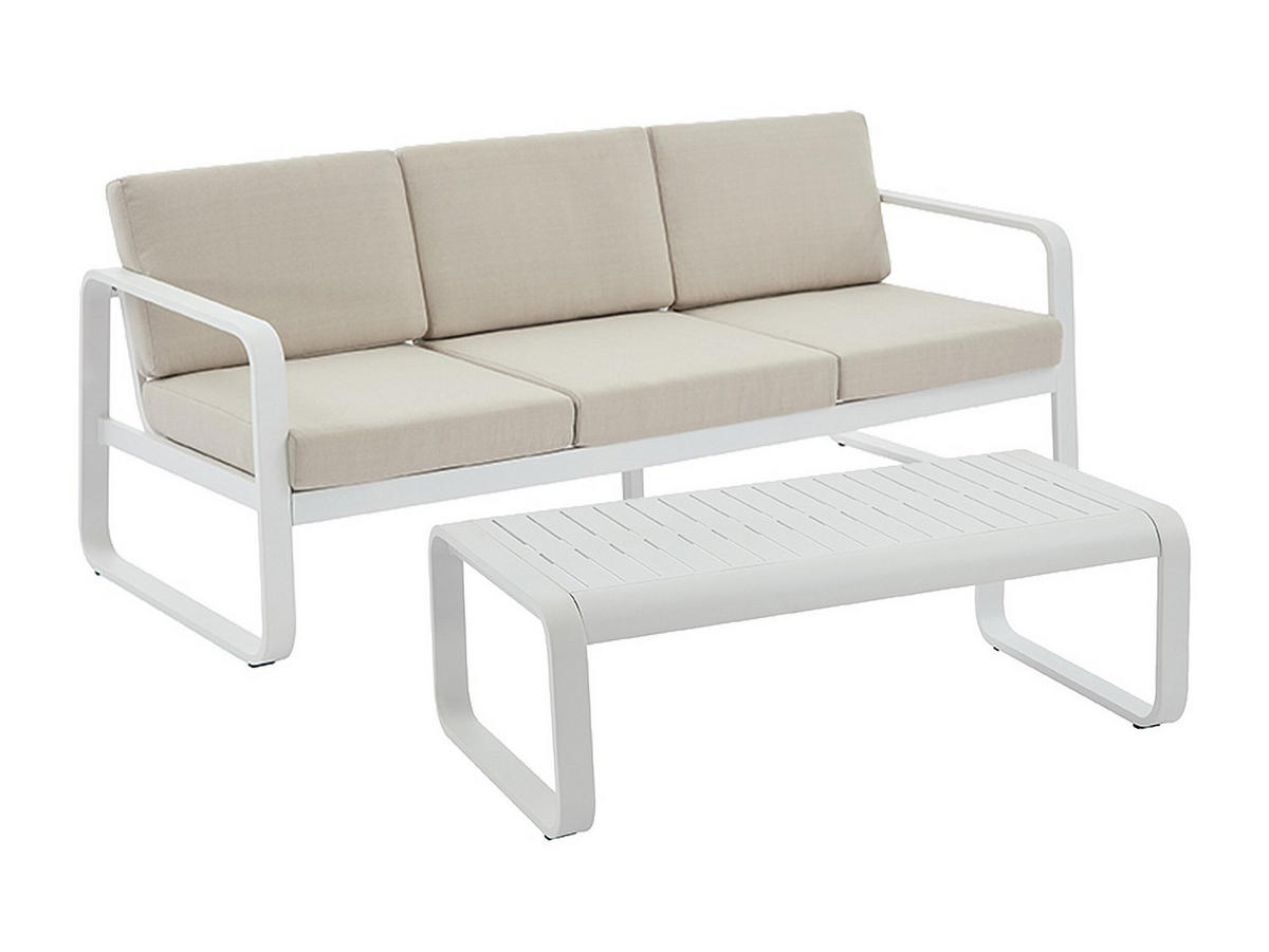 GARTENLOUNGE aus Aluminium: 1 Dreisitzer-Sofa und 1 Couchtisch – Weiß mit beigen Kissen – LOMIA von MYLIA - Beige/Weiß, Metall - Vente-Unique