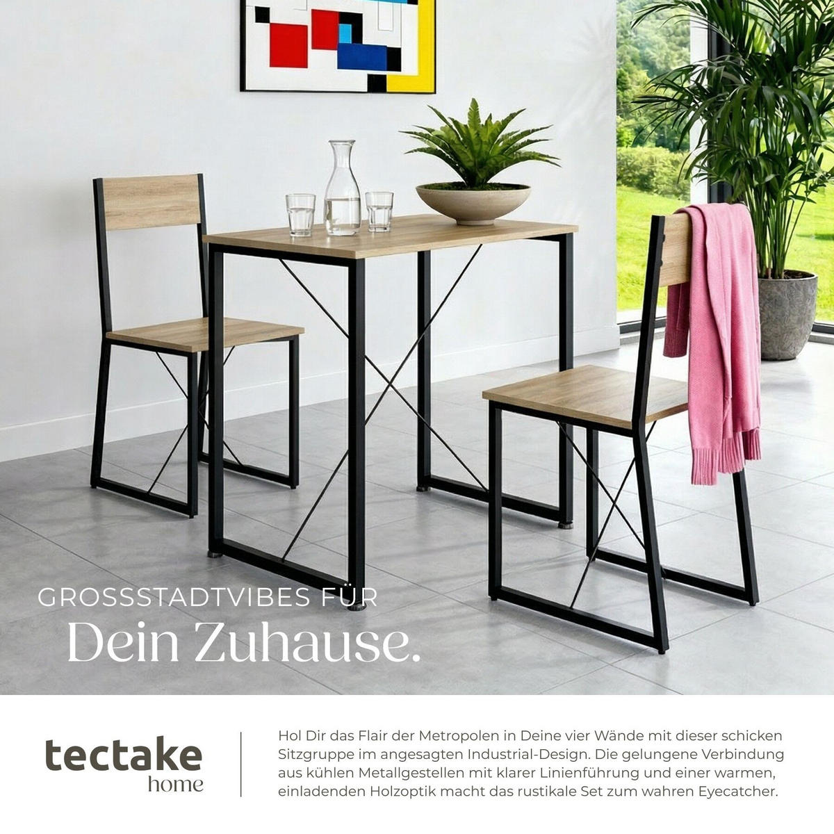 SITZGRUPPE Margate, mit höhenverstellbaren Kunststofffüßen, Industrial Holz hell, Eiche Sonoma - Naturfarben, Holzwerkstoff (80/90/138cm) - tectake