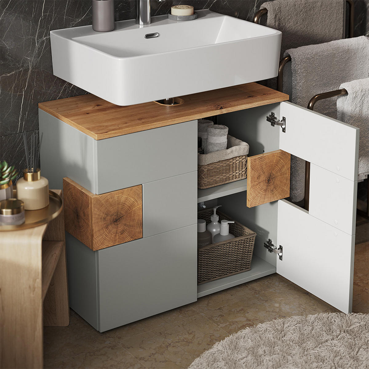 BADMÖBEL-SET Eden Grau 2 Teile - Hellgrau/Grau, Holzwerkstoff (73.1/64/37cm) - Vicco