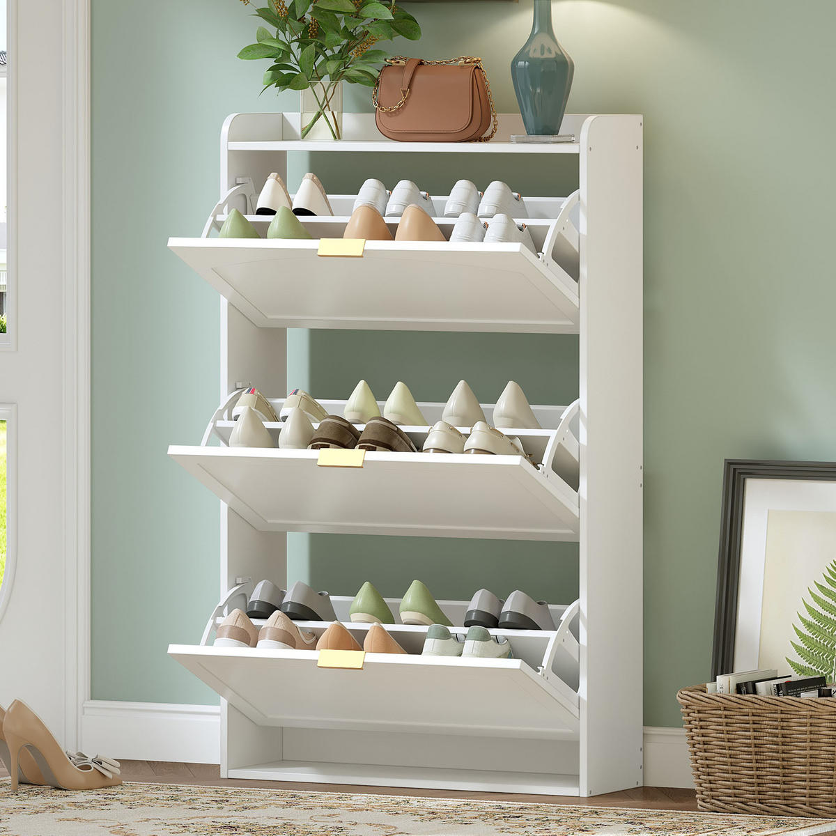 SCHUHSCHRANK Schmal 3 Klappen Weiß 76x23x118cm - Weiß, Holzwerkstoff (23/118/76cm) - FLIEKS