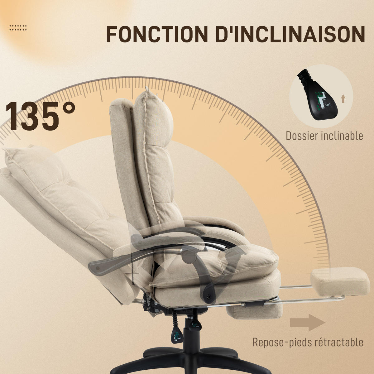 CHEFSESSEL DE-11706 mit Massagefunktion, 135° neigbar Beige - Beige, Textil (62/130/70cm) - ComfortXL