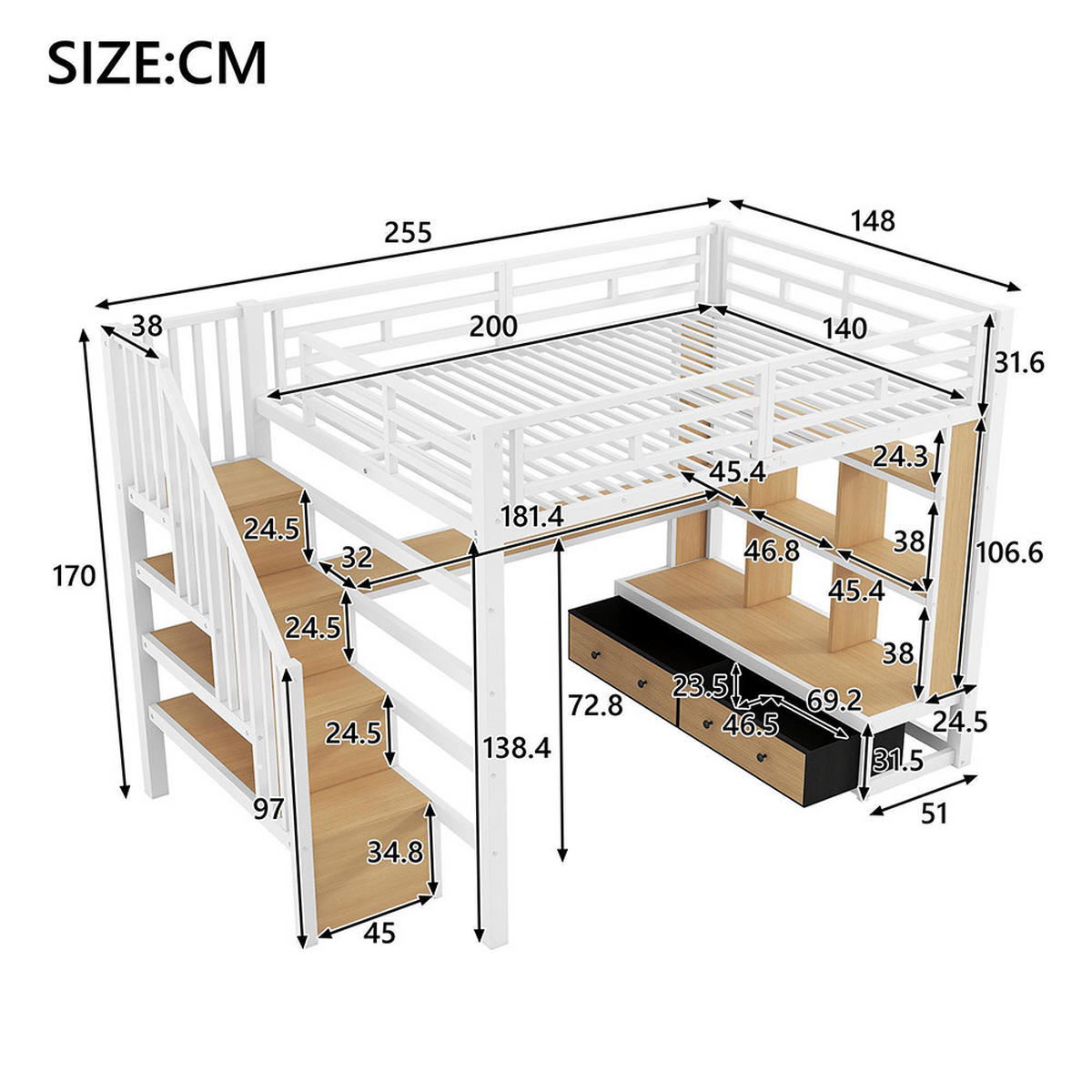 HOCHBETT 140x200 cm mit Schreibtisch und Regalen in schwarz - Weiß, Holzwerkstoff/Metall (140/200cm) - KOMHTOM