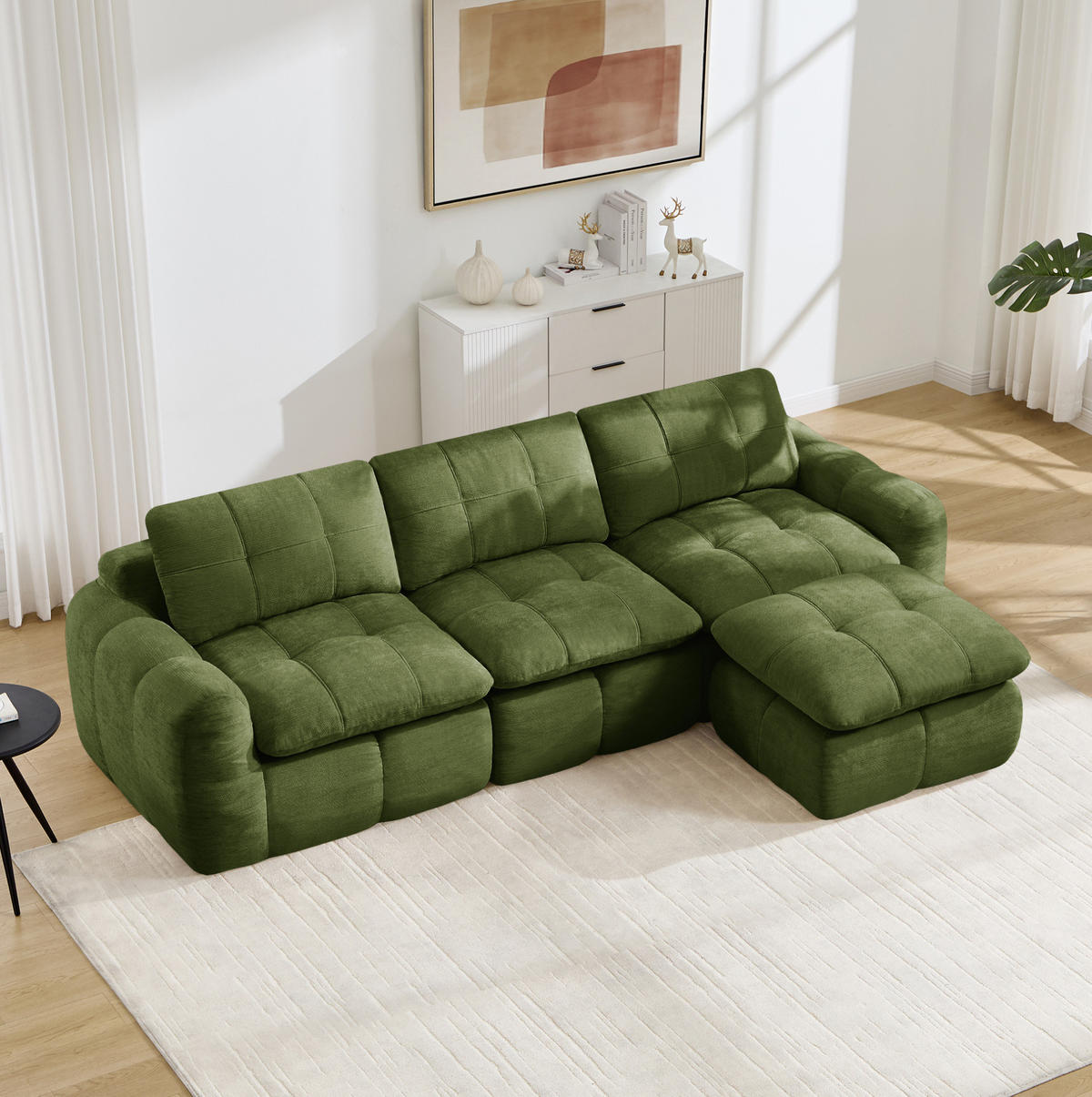SOFA 264/160/68 cm in Grün aus Chenille mit modularem Aufbau und Hocker - Grün, Textil (160/68/264cm) - Flora Grace