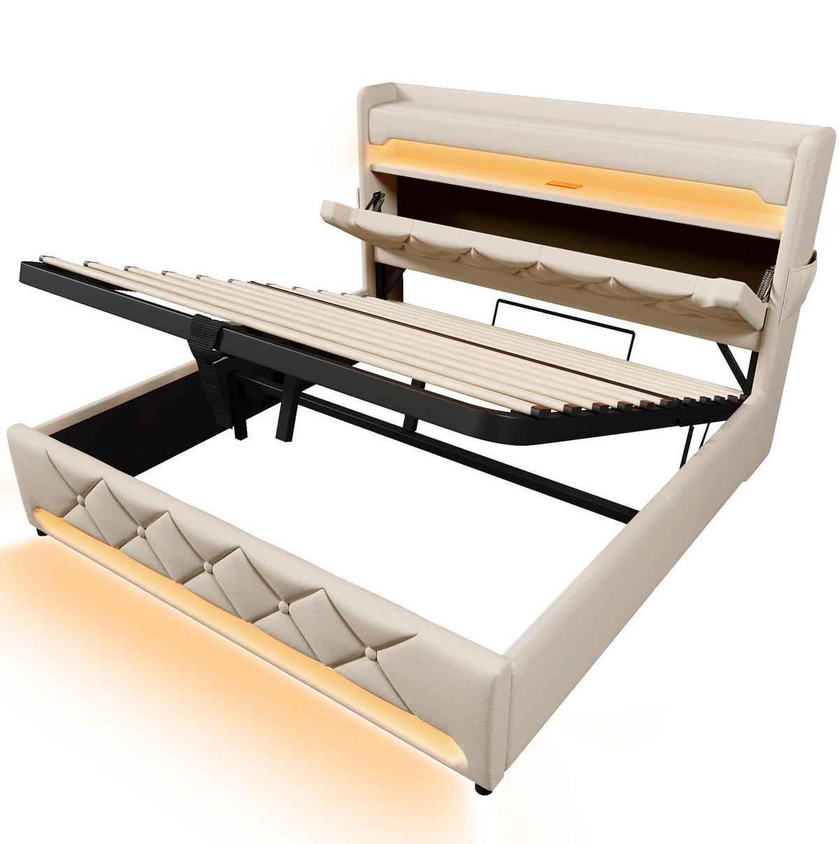 POLSTERBETT mit Stauraum und LED 140x190 cm Beige - Beige, Metall (140/190cm) - Meubliv