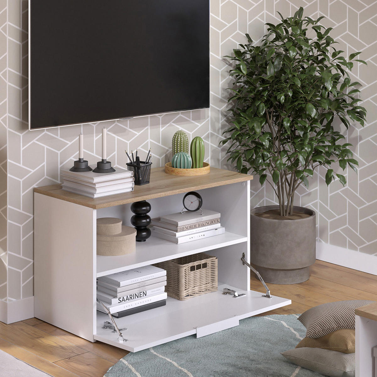 KOMMODE Wido Weiß/Sonoma 80 x 50 cm mit 1 geschlossenem Fach - Weiß, Holzwerkstoff (80/50/40cm) - Vicco