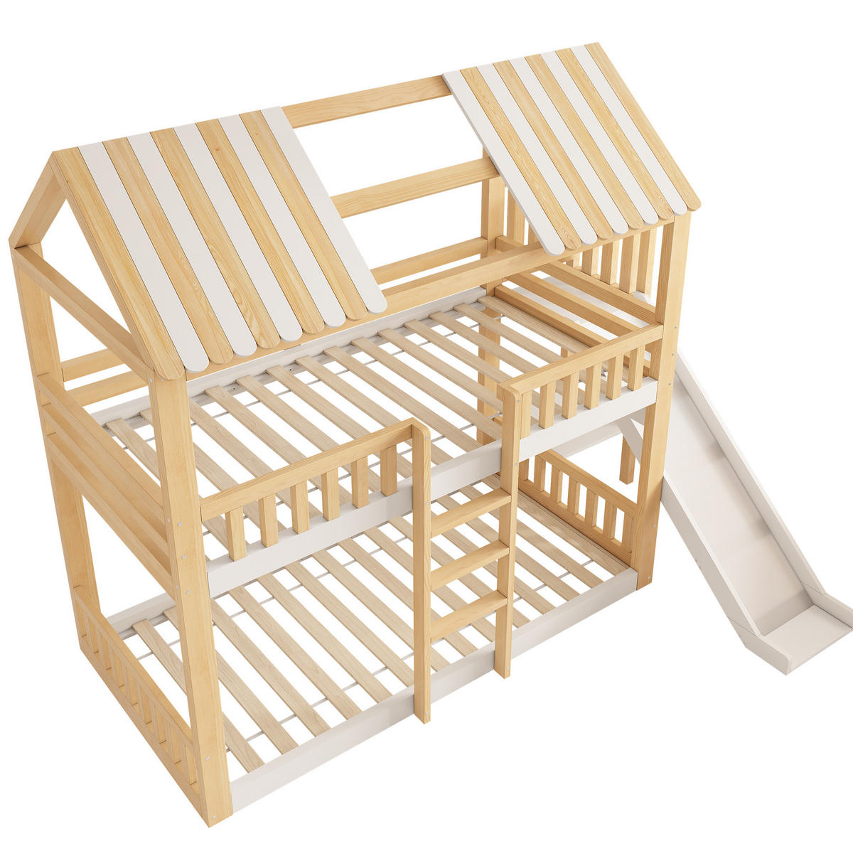 ETAGENBETT mit Giebeldach 90/200 cm Weiß Natur mit Regal, ohne Matratze - Weiß, Holz (90/200cm) - MIVRAY