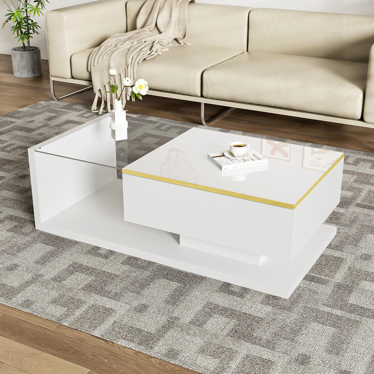 COUCHTISCH 100cm Weiß Hochglanz LED Effekt Glasplatte Beistelltisch - Weiß, Holz (112.98/60.96/14.99cm) - FLIEKS