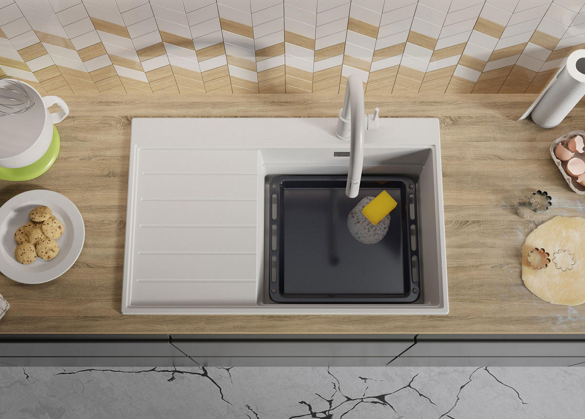 SPÜLBECKEN Sydney, 2-er set Weiß 78/50 cm 1 Becken + Ablauf-Set + Küchenzubehörset ab 50er Unterschrank - Chromfarben/Beige, Kunststoff (78/20/50cm) - Primagran