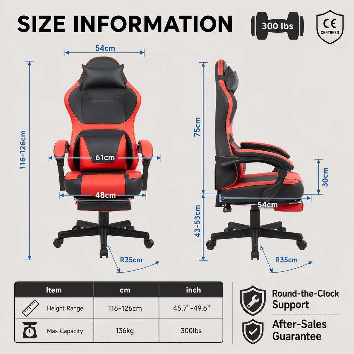 GAMING-STUHL schwarz-rot ergonomisch mit ausziehbarer Fußstütze, Nacken- und Lendenkissen, höhenverstellbar - Rot, Leder (54/116/61cm) - BRILVERDE