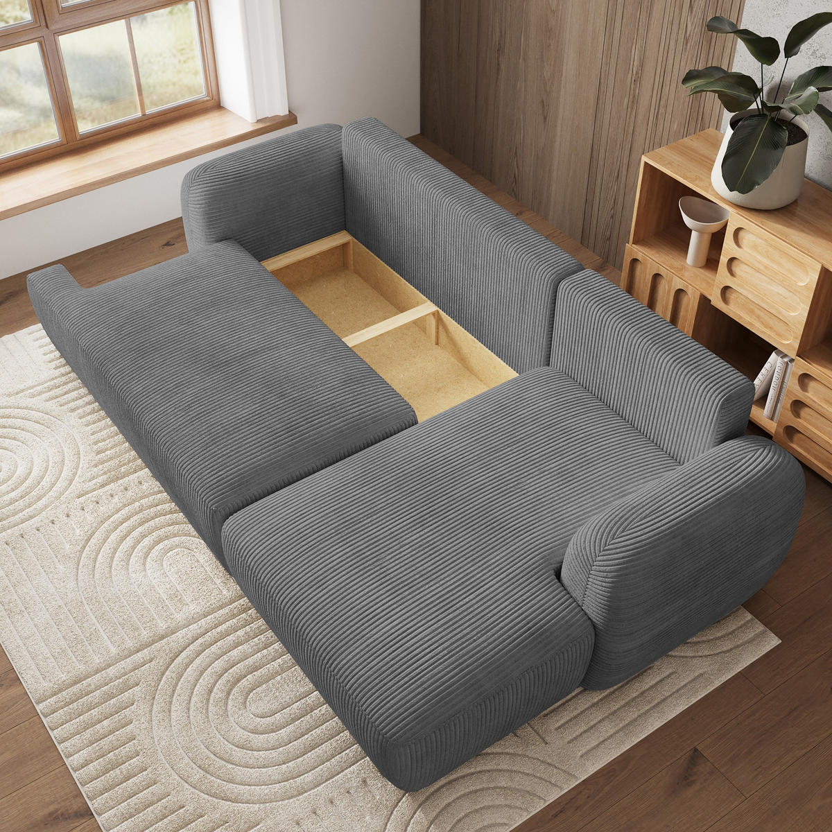 ECKSOFA MODENZA P R-S Grau Kordstoff mit Schlaffunktion - Grau, Holz (266/148cm) - MASSENO