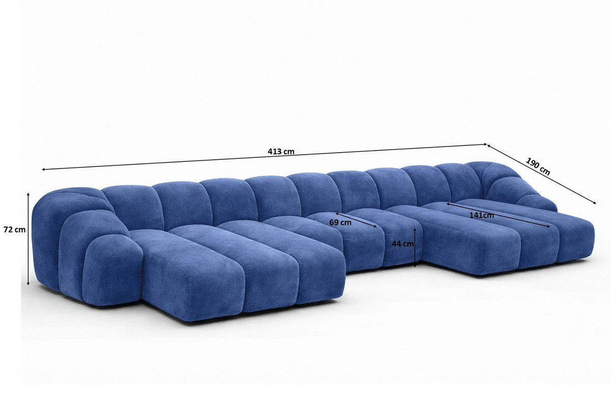 ECKSOFA Modulare U-Form, Veloursstoff Bluvel, Tintenblau, CROISSANT U - Blau, Holz (413/72/190cm) - Kaiser Möbel