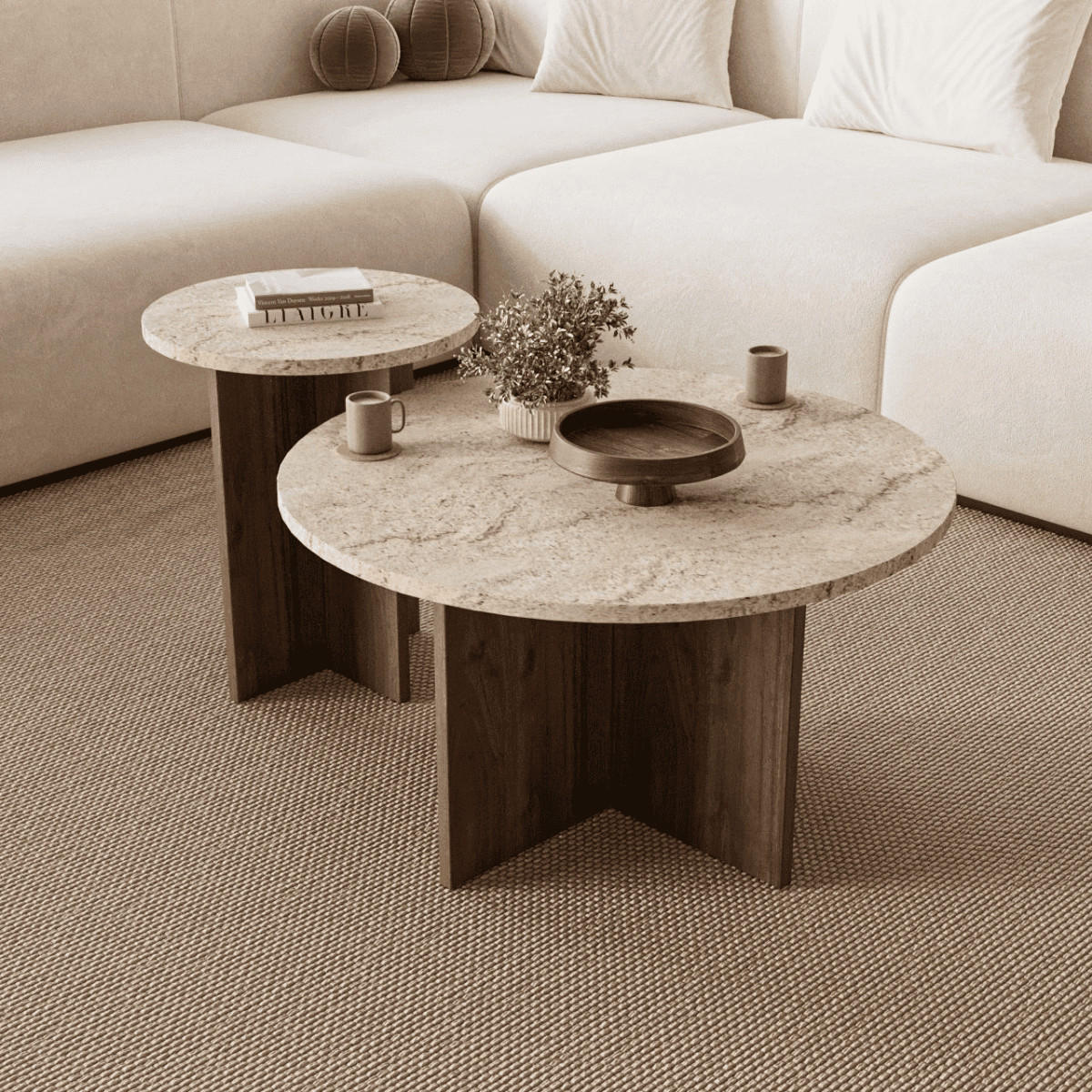 COUCHTISCHEN 2er-Set mit runder Tischplatte 70/70/40 cm - Eichefarben, Holzwerkstoff (70/70/40cm) - Calicosy