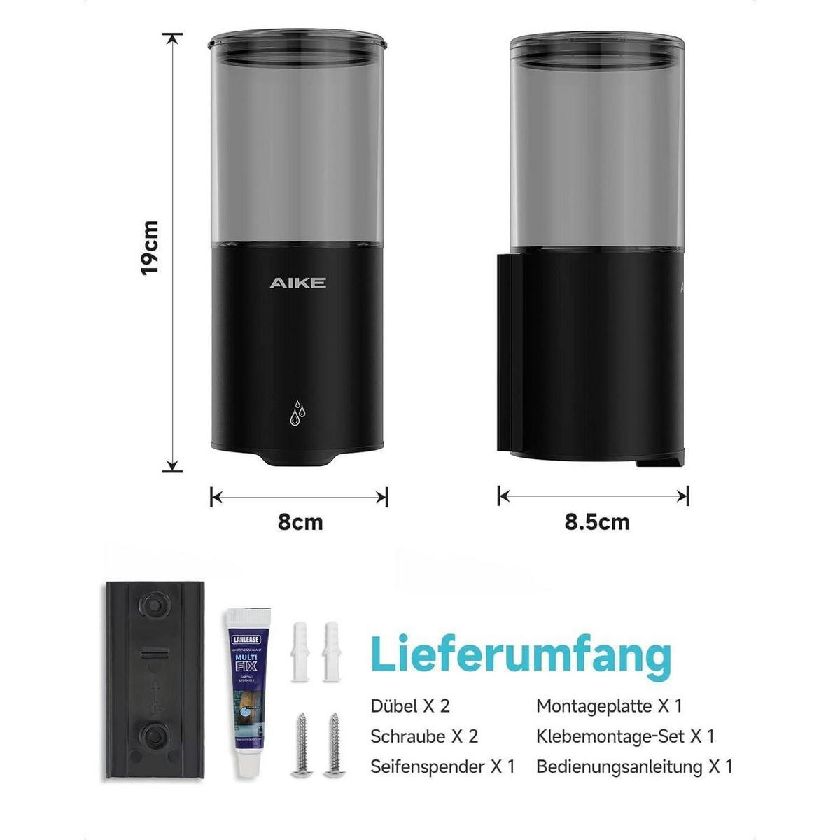 SEIFENSPENDER Wandmontage Edelstahl Schwarz Matt 400ml - Schwarz, Kunststoff (8/19/8.5cm)