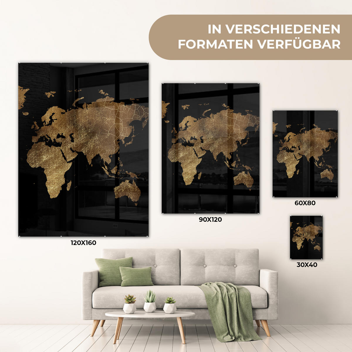 ACRYLGLASBILD Weltkarte - Gold - Luxus - Erde - Schwarz 60x80 cm - Goldfarben, Glas (60/80cm) - MuchoWow