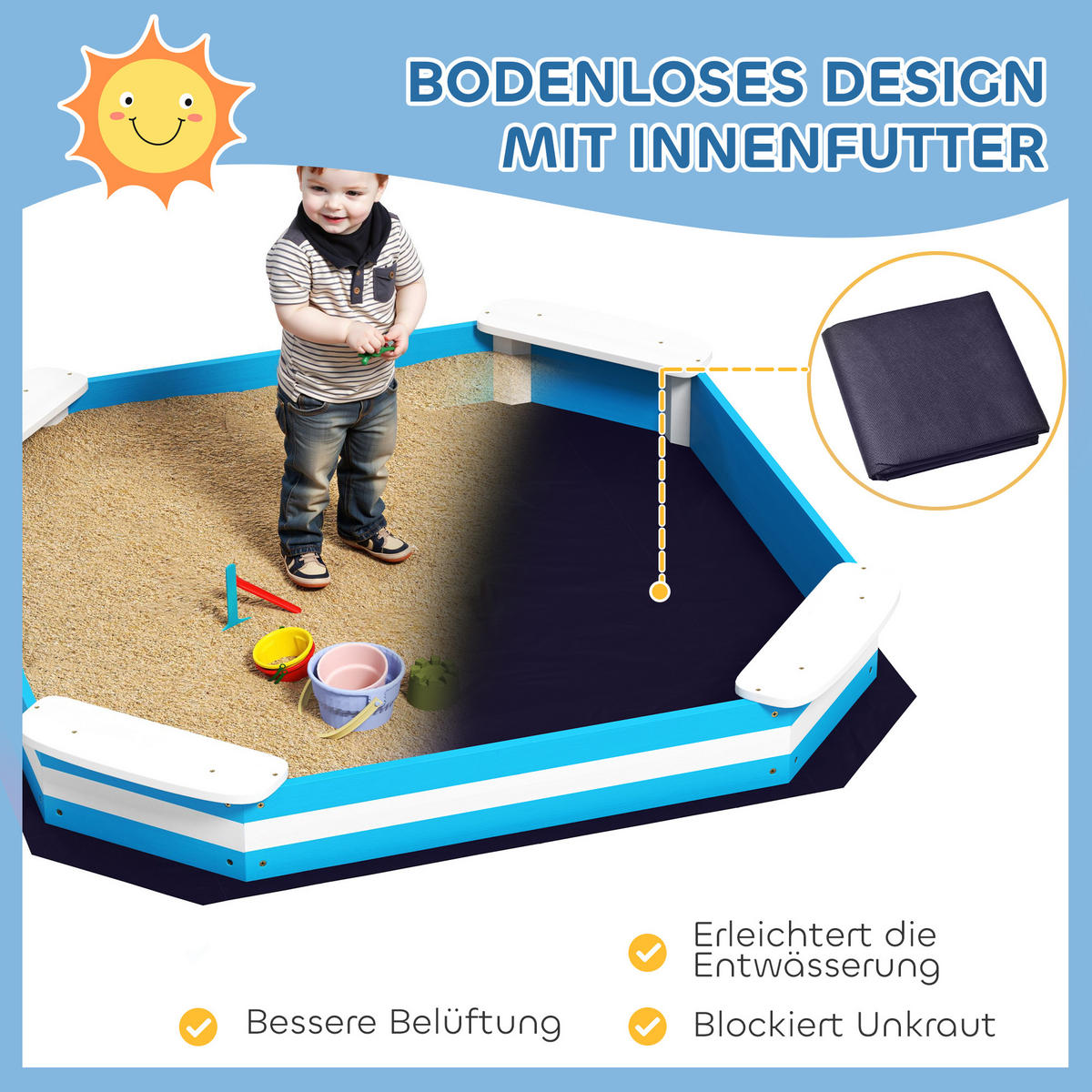 SANDKASTEN 133 x 108 cm Sandkiste aus Holz Sandbox mit Sitzbank Blau - Blau, Holz (133/133/16cm) - AIYAPLAY