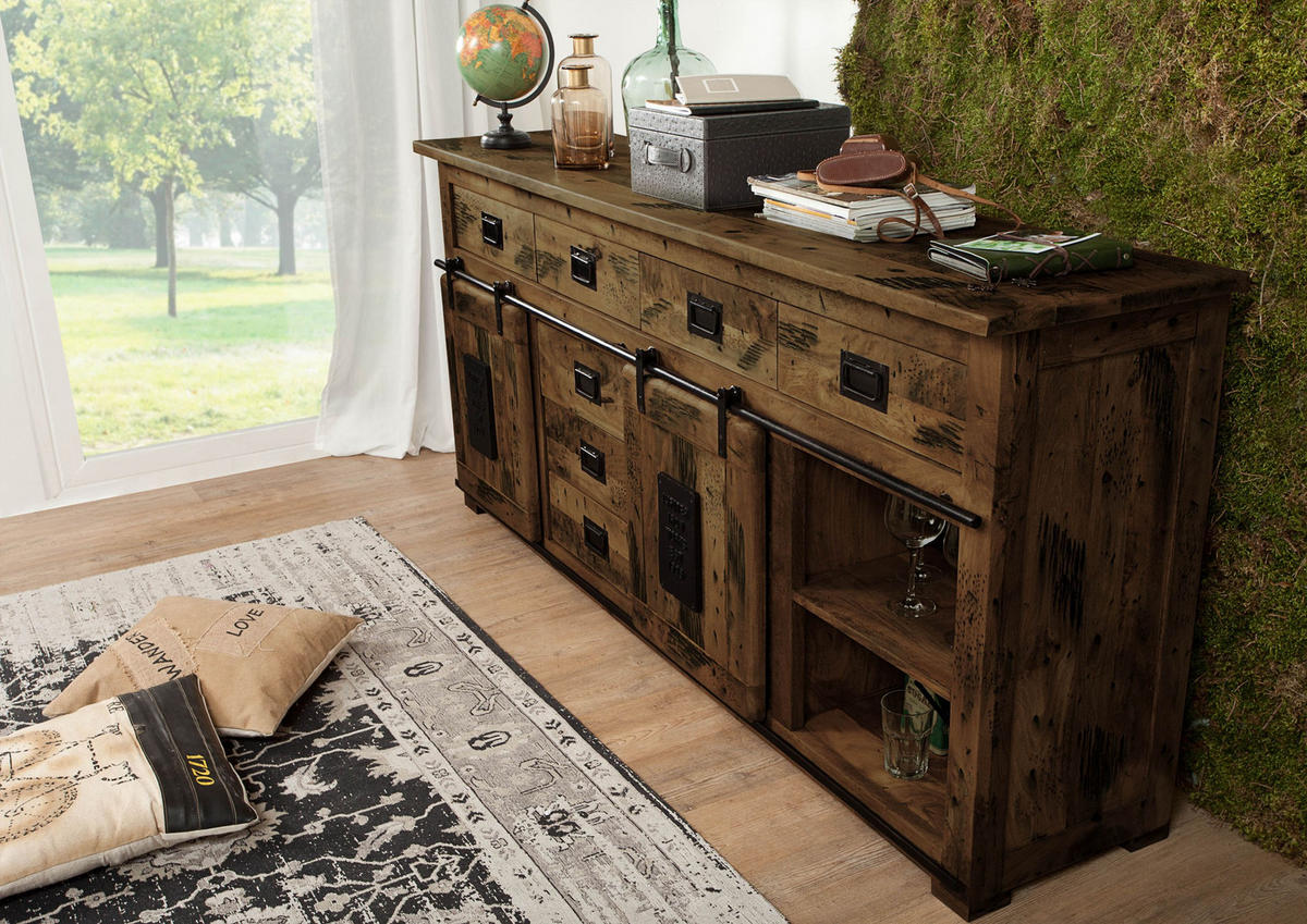 SIDEBOARD Mango 200x45x90 braun lackiert RAILWAY #422 - Dunkelbraun/Braun, Holz (200/90/45cm) - Massivmoebel24