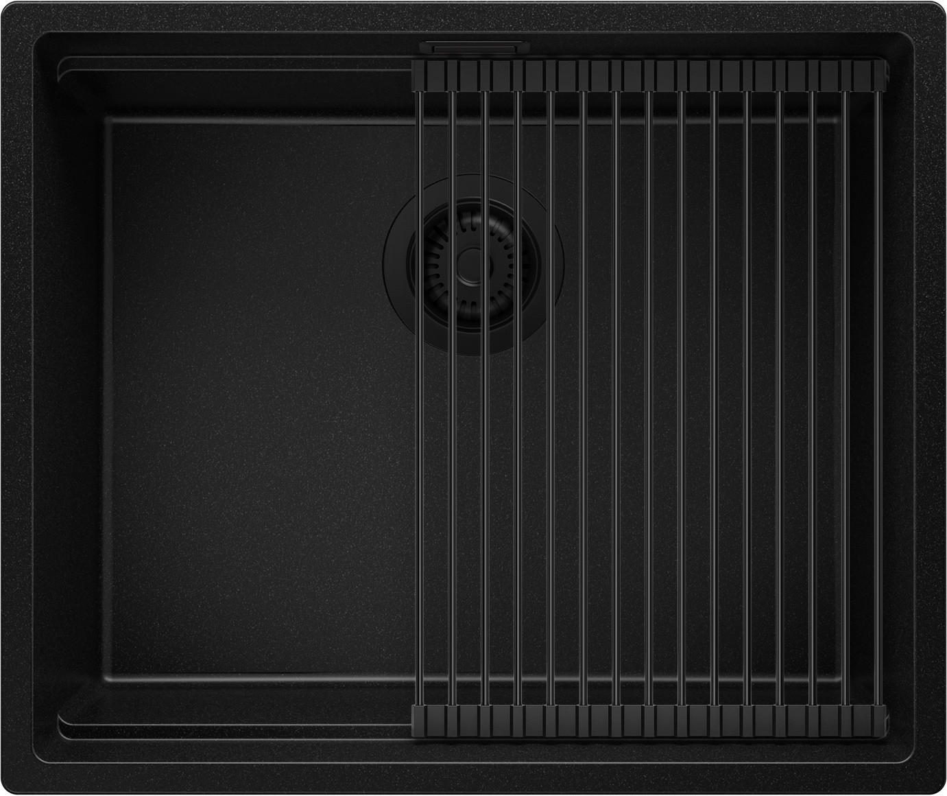 SPÜLBECKEN Praga Slim, 2-er set Alles Schwarz 56/47 cm 1 Becken + Ablauf-Set + Aufrollbare Abtropffläche ab 60er Unterschrank - Schwarz, Kunststoff (56/20/47cm) - Primagran