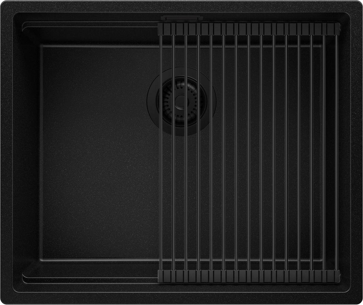 SPÜLBECKEN Praga Slim, 2-er set Alles Schwarz 56/47 cm 1 Becken + Ablauf-Set + Aufrollbare Abtropffläche ab 60er Unterschrank - Schwarz, Kunststoff (56/20/47cm) - Primagran