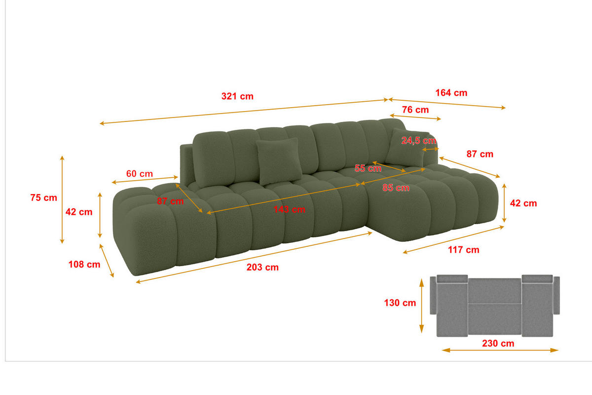 ECKSOFA mit Schlaffunktion Ottomane RECHTS OLEA-L2 321x164x75 Grün Bouclé - Schwarz/Grün, Holzwerkstoff/Kunststoff (164/321cm) - ALTDECOR
