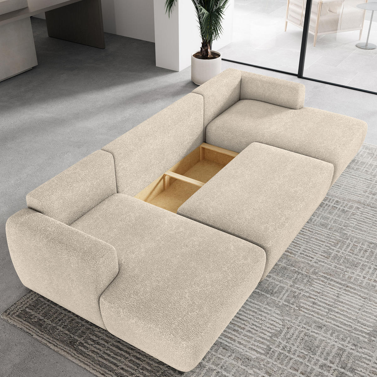 WOHNLANDSCHAFT SENTUM N Creme Boucle-Stoff mit Schlaffunktion - Creme/Schwarz, Holz/Kunststoff (330/90/148cm) - MASSENO
