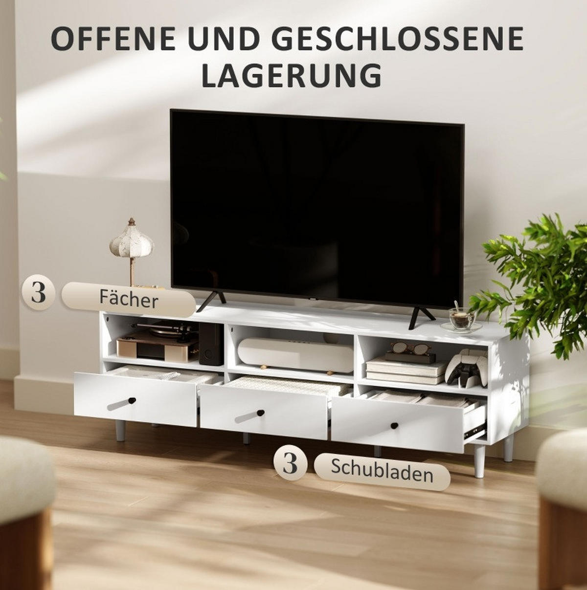 TV-LOWBOARD 140/34/45 cm mit 3 Schubladen und Kabeldurchlass in Weiß - Weiß, Holzwerkstoff (140/45/34cm) - BEAOK