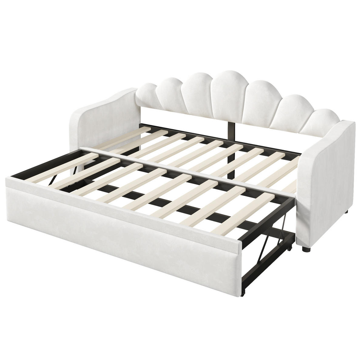 TAGESBETT 90/200 cm mit Ausziehbett, LED-Beleuchtung und Samtbezug, Weiß - Weiß, Textil (90/200cm) - Redom