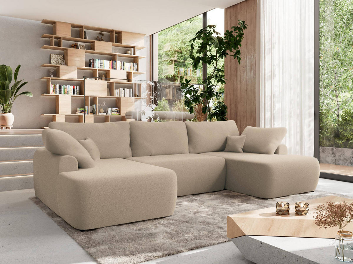 WOHNLANDSCHAFT CUBO U Hellbraun Boucle - Schwarz/Braun, Kunststoff/Textil (370/100/187cm) - MKS