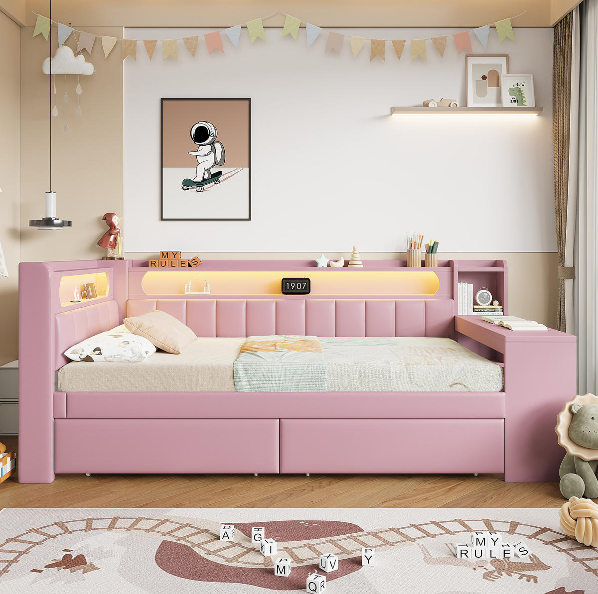 POLSTERBETT 90/200 cm Rosa aus MDF, Sperrholz und Leinen mit USB, LED und Schreibtisch - Rosa, Textil (90/200cm) - OKMYHOME