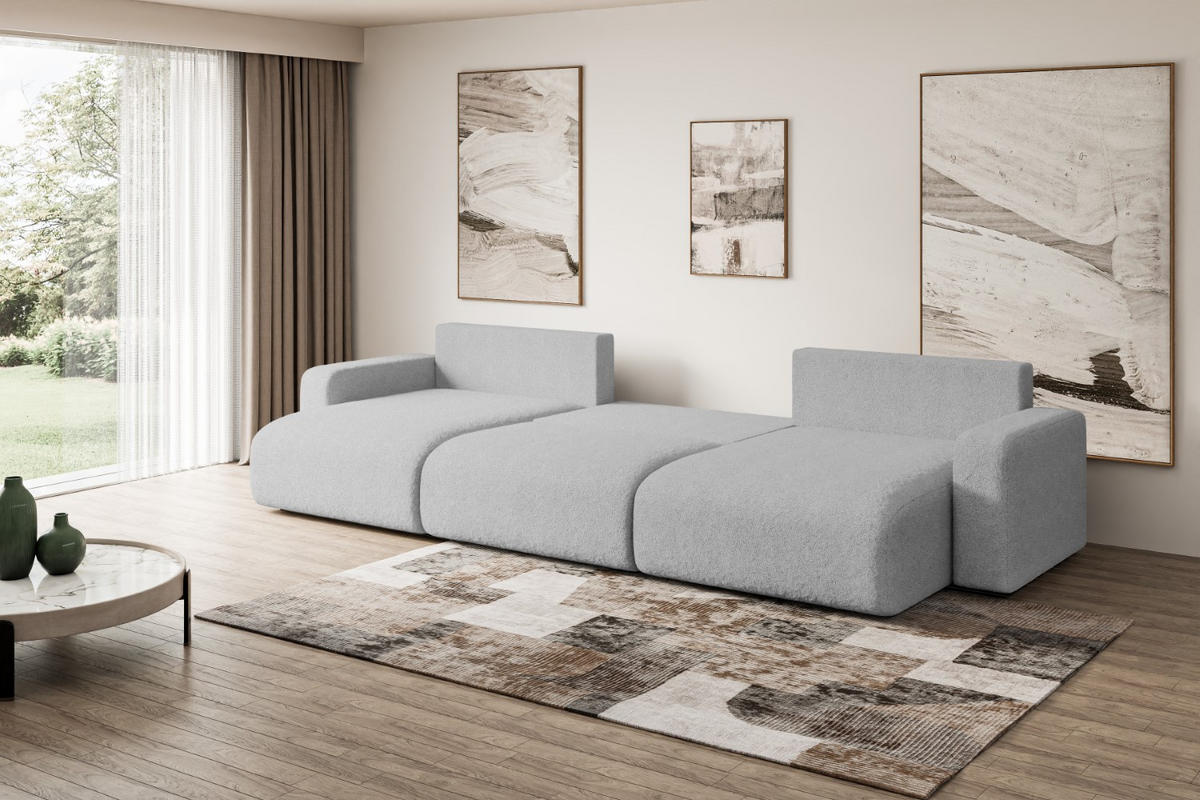 WOHNLANDSCHAFT mit Schlaffunktion und Bettkasten KLEEA-U - 347x143x83 cm Hellgrau Bouclé - Hellgrau/Schwarz, Holzwerkstoff/Kunststoff (347/83/143cm) - ALTDECOR