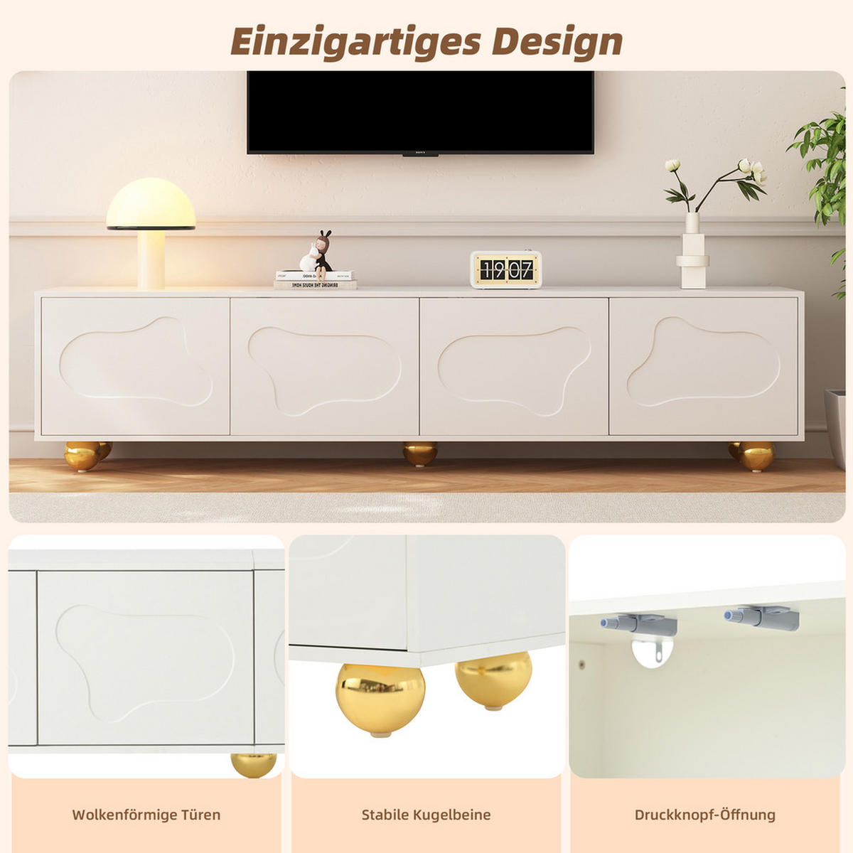 TV-SCHRANK 180x40cm Lowboard Cartoon Wolkenform 2 Schränke Weiß bis 75 Zoll - Weiß, Holz (47.98/17.48/76.1cm) - FLIEKS