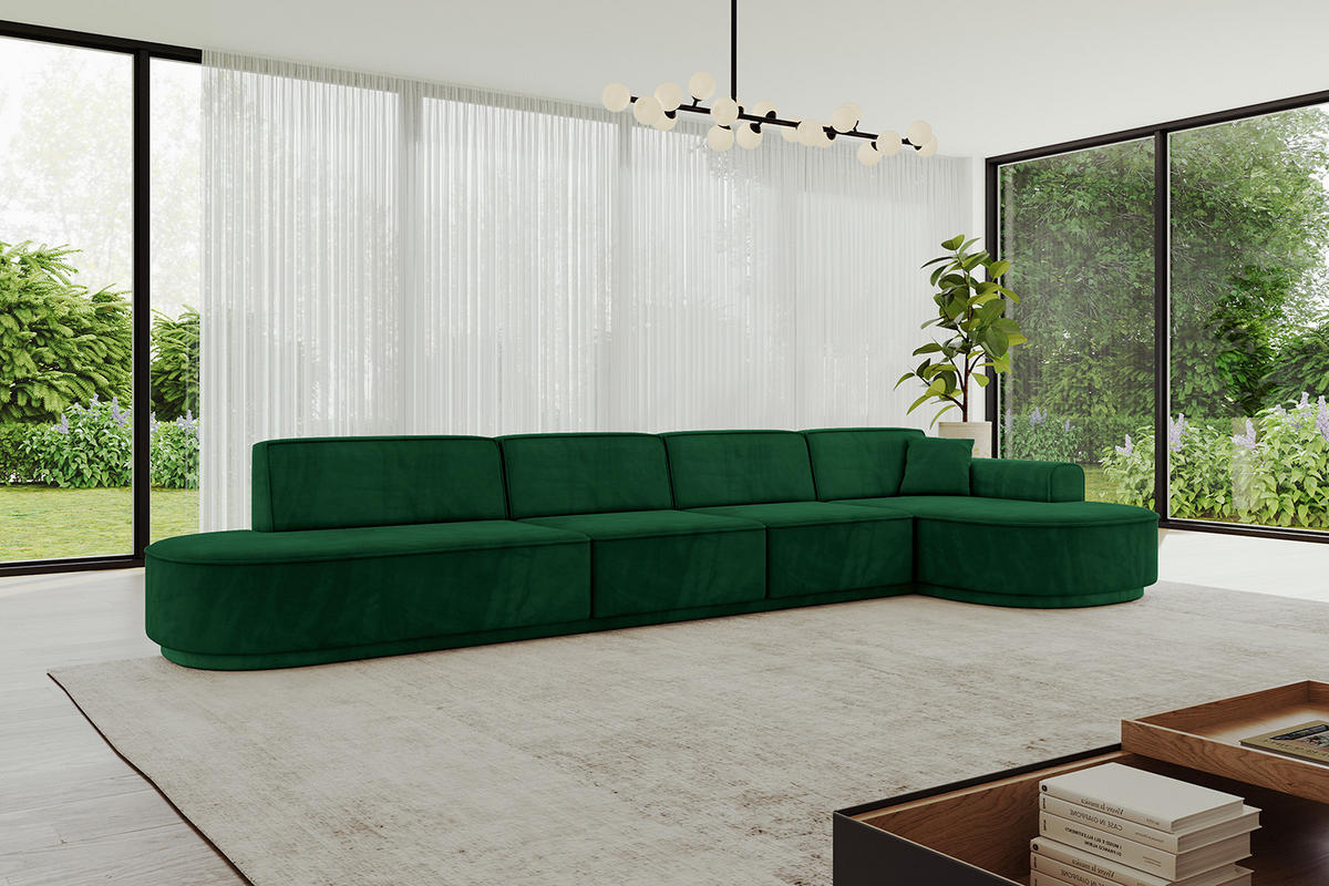 ECKSOFA Ottomane Rechts MARI-L3-v3 - 413x171x83 cm Dunkelgrün Velours - Dunkelgrün/Schwarz, Holzwerkstoff/Kunststoff (171/413cm) - ALTDECOR