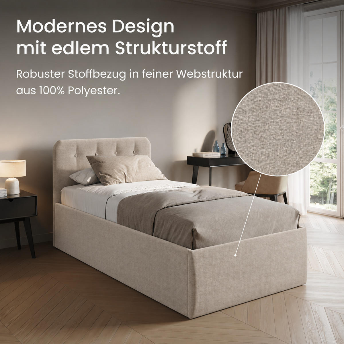 POLSTERBETT mit verstellbarem Lattenrost & Bettkasten, Kaltschaummatratze, 100 x 200 cm in Creme - Creme, Holzwerkstoff/Textil (100/200cm) - Home Collective