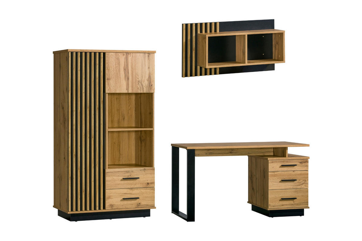JUGENDZIMMER-SET LAMI B 3-teilig in Wotan Eiche / Schwarz Matt mit Lamellen - Eiche Wotan/Schwarz, Holzwerkstoff (225/56/160cm) - Deine Möbel 24