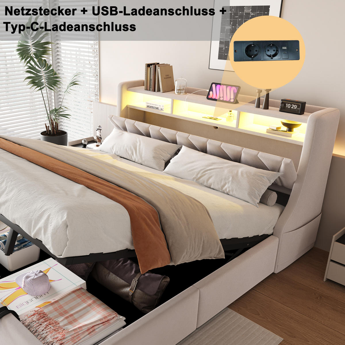 POLSTERBETT 90/180x190 cm aus Flanell mit LED, Steckdosen und Ablagefächern Hellgrau - Hellgrau, Textil (90/190cm) - Modenvie