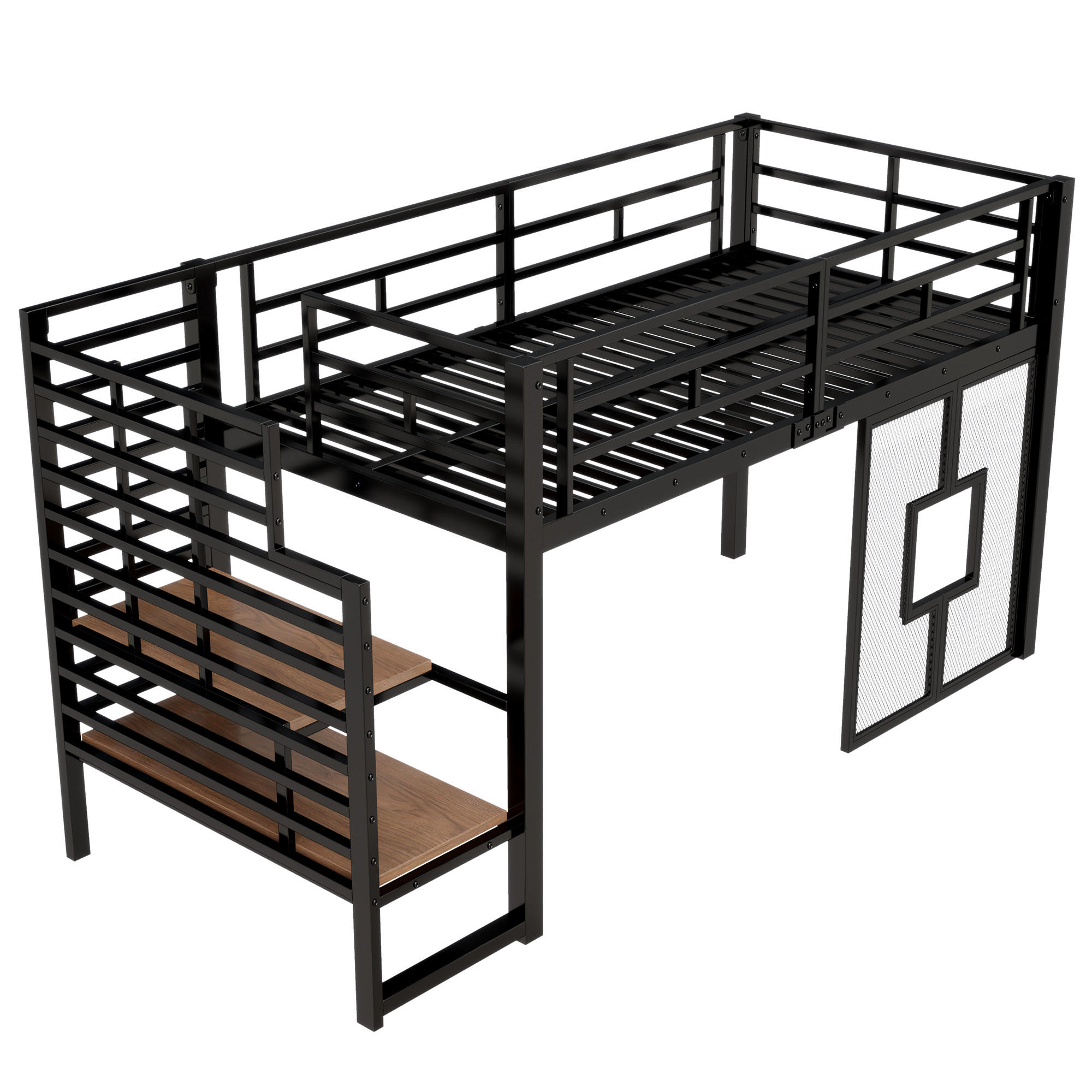 HOCHBETT 90/200 cm DE-03437, mit Stauraum, LED-Beleuchtung und Fenstern, in Schwarz - Schwarz, Holzwerkstoff/Metall (90/200cm) - ComfortXL