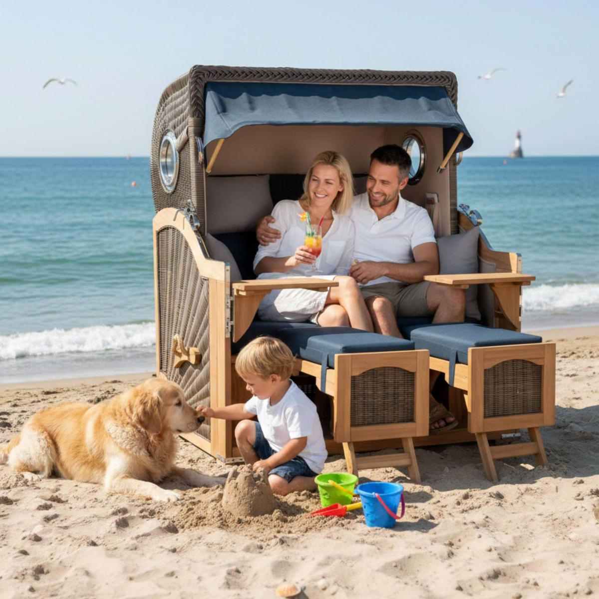 STRANDKORB Düne Grande Bullauge Teak PE Grey Dessin 593 - Blau/Braun, Metall (142/170/95cm) - Mr. Deko