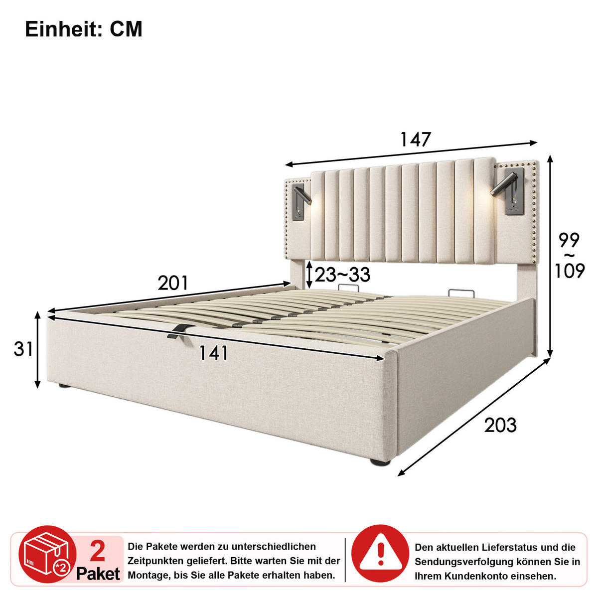 POLSTERBETT 140/200 cm in Beige Stoff mit Bettkasten, Leselicht und USB - Beige, Holzwerkstoff/Textil (140/200cm) - WISHDOR
