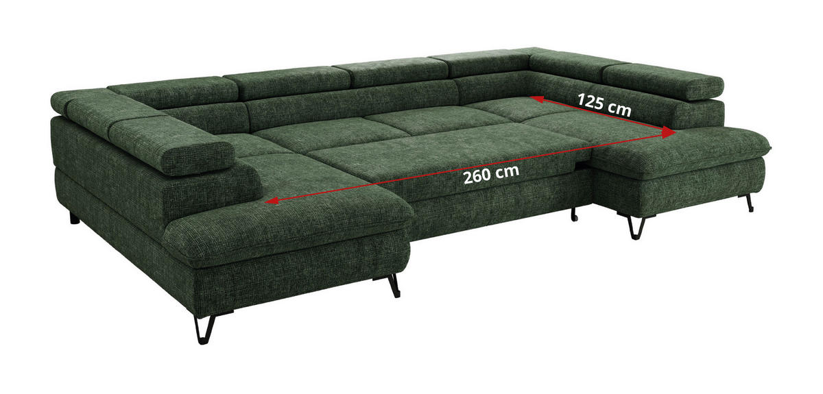 WOHNLANDSCHAFT PABLO U Schenille grob gewebt Dunkelgrün mit Topper Visco - Dunkelgrün/Schwarz, Textil/Metall (346/76/208cm) - MKS