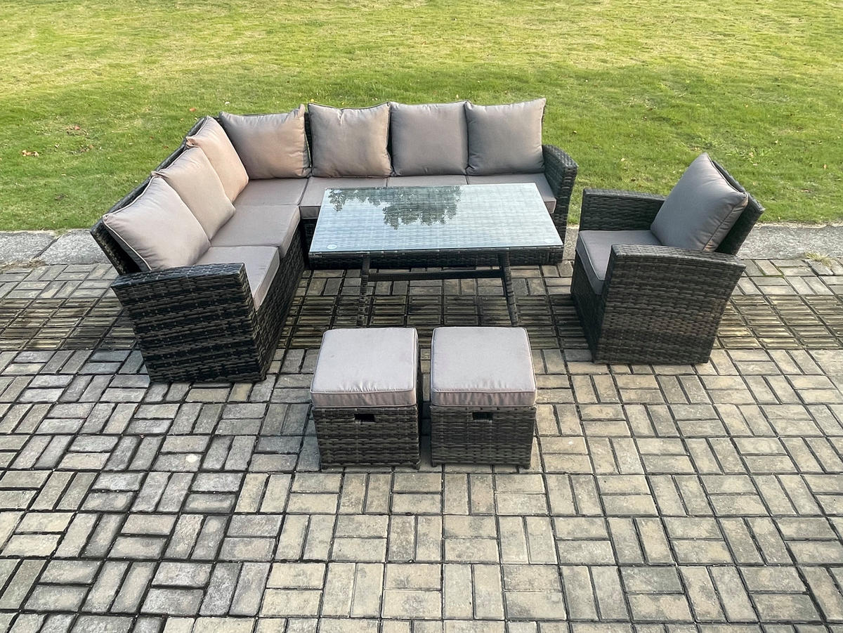 GARTENLOUNGE mit Ecksofa Polyrattan Dunkelgrau 9-Sitzer - Dunkelgrau/Grau, Glas/Kunststoff - Fimous