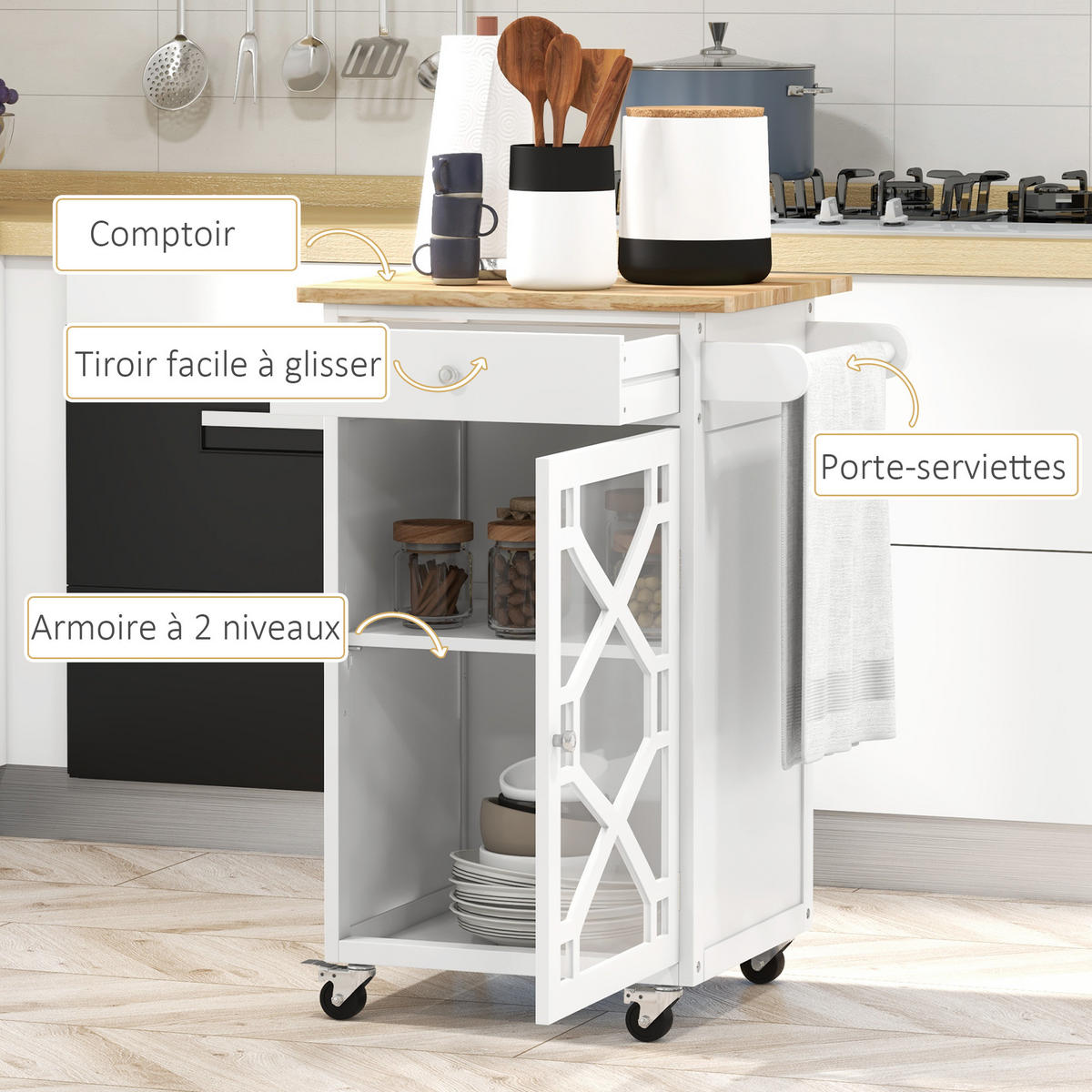 SERVIERWAGEN DE-17114 Schublade & Schrank mit Handtuchhalter Weiß - Weiß, Holzwerkstoff (45/86/63cm) - ComfortXL