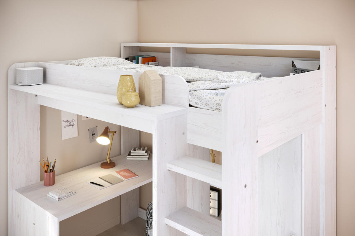 HOCHBETT mit Kleiderschrank und Schreibtisch Bett 90 x 200 cm - Weiß/Kieferfarben, Holzwerkstoff/Kunststoff (90/200cm) - Parisot Meuble