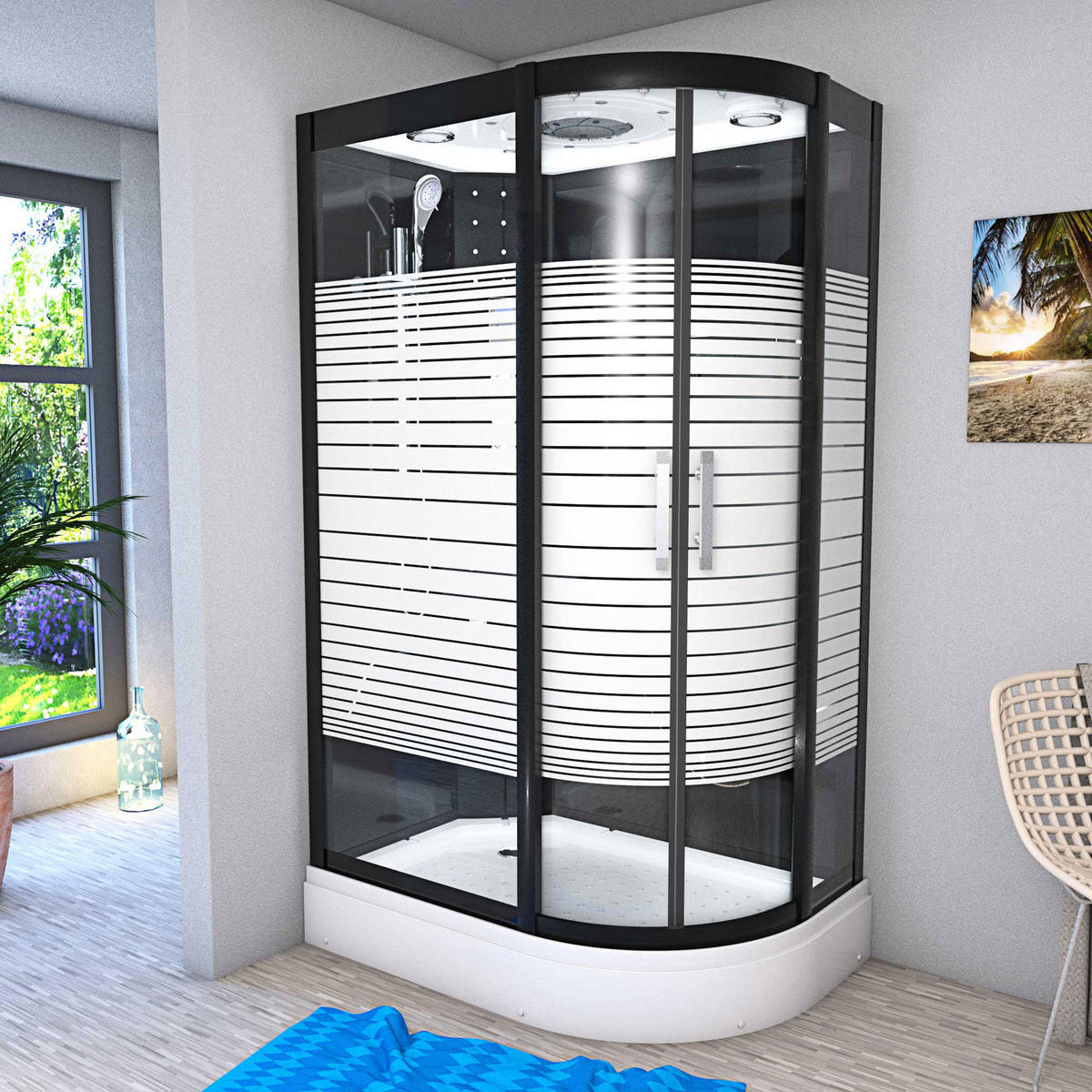 DUSCHE Duschkabine D30-73M0R-EC Schwarz 80x120 MIT 2K Scheiben Versiegelung - Schwarz, Glas/Kunststoff (80/120/215cm) - AcquaVapore by Sandra Jentho