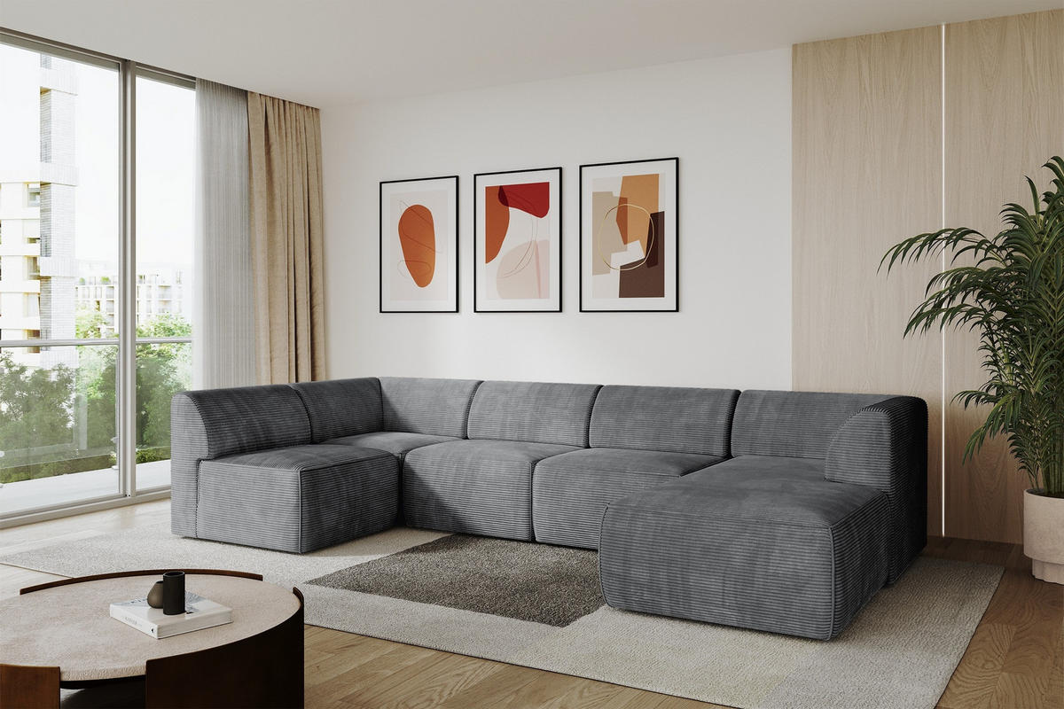 WOHNLANDSCHAFT Ottomane Rechts MOVA 345x180x78 Dunkelgrau Cord - Dunkelgrau/Anthrazit, Holzwerkstoff/Kunststoff (345/78/180cm) - ALTDECOR