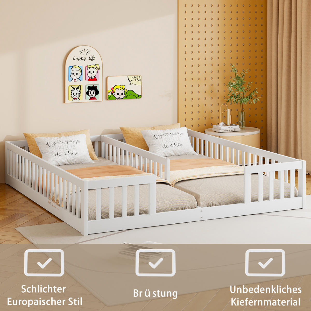 KINDERBETT aus Kiefernholz und MDF 180x200 cm Weiß mit Sicherheitsgitter für 2 Kinder - Weiß, Holzwerkstoff (90/200cm) - Modfu